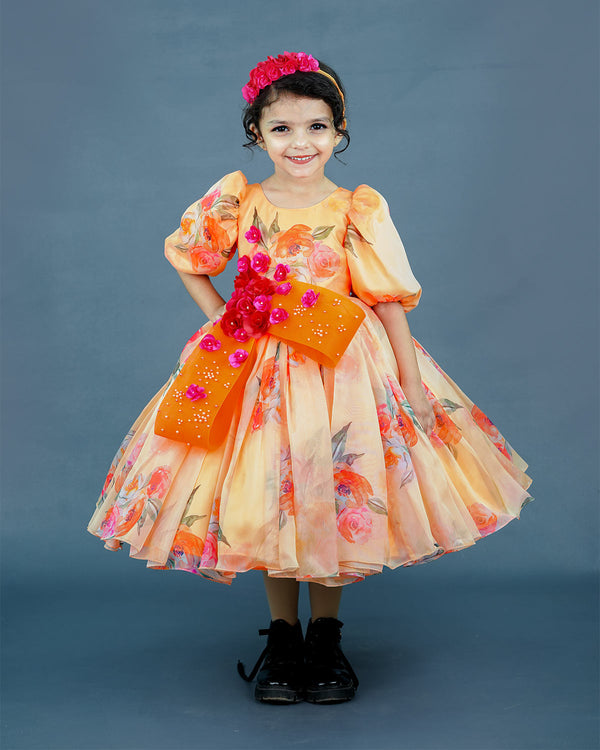 Pale Peach and Orange Floral Printed Organza short Gown with Handcrafted Flowers