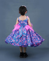 Cobalt Blue & Light Pink Floral Printed Short Gown With Pink Floral Embellishment