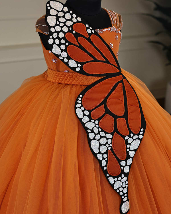 Monarch Butterfly theme Gown in Tangerine Orange color with detachable wings and belt