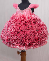 Salmon Pink Shade Rosette Dress Embellished with Pearls and Stones