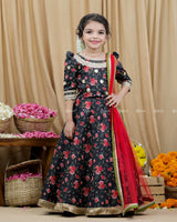 Black Floral Printed Ethnic Skirt and Top with Dupatta.