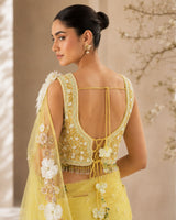 Net Ready-to-Wear Floral Saree & Sleeveless Blouse - Macaron Yellow & White (New)