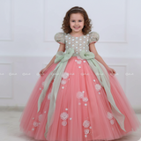 Peach Color Gown with White Flower Applique Detailing & Light Green Long Bow