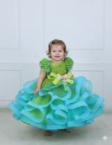 Lime–Turquoise Floral Twirl Gown with Handcrafted Bows, Crystal Hangings & Veil