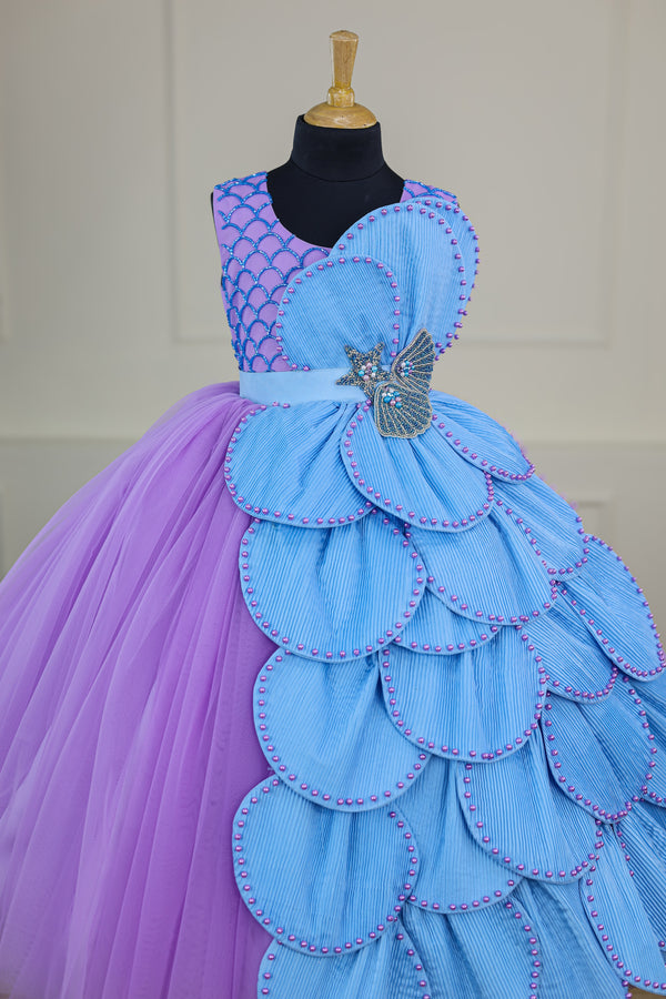 Mermaid theme dress in blue and lavender color made with 2 in 1 pattern