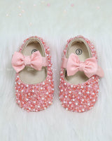 Blush Pearl Beaded Baby Ballerinas with Satin Bow