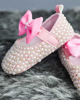 Pearl-Encrusted Designer Baby Booties -Flamingo Pink