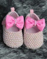Pearl-Encrusted Designer Baby Booties -Flamingo Pink