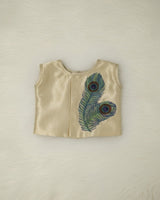 Tissue Colour Sleeveless Jacket With Peacock Feather Embroidery And Ivory Dhoti