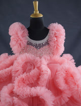 Peach Netted Frilled Fluffy Gown With White Crystal and Beads Work