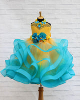 Yellow And Sea Blue Color Combo Halter Neck Twirled Couture Gown With Yellow And Sea Blue Flower Embellishments
