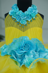Aqua Blue Halter Neck Twirled Couture Gown With Aqua Blue Flower Embellishments