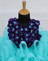 Aqua Blue And Purple Gown with Fluffy Layered Netted Bottom And Hand-Crafted Purple Flowers