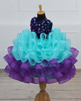 Aqua Blue And Purple Gown with Fluffy Layered Netted Bottom And Hand-Crafted Purple Flowers