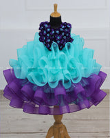Aqua Blue And Purple Gown with Fluffy Layered Netted Bottom And Hand-Crafted Purple Flowers
