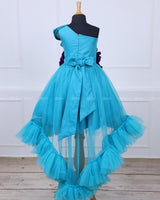 Sea blue and purple high and low gown with fabric manipulated embellishments