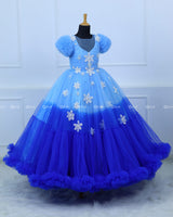 Snowflake theme light cobalt blue shade and dark royal blue layered frilled gown