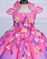 Rose Pink and Lavender Panel Gown with Heavy Embellished Flowers