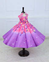 Rose Pink and Lavender Panel Gown with Heavy Embellished Flowers