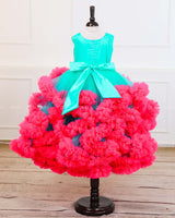 Aqua Marine Blue and Pink Cloudy Frilled Party Wear Gown with Flower Detailing
