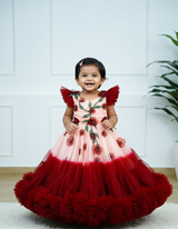 Maroon and peach double shade couturegown with frilled sleeves and handcrafted flowers and leaves