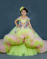 Kids Light Green and Pink Floral Theme Gown Online | Kids Floral Dress Online