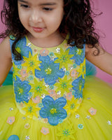 Hand Crafted Kids Lemon Yellow and Sky Blue Couture Gowns Online | Kids Couture Gowns Online