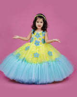 Hand Crafted Kids Lemon Yellow and Sky Blue Couture Gowns Online | Kids Couture Gowns Online