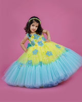 Hand Crafted Kids Lemon Yellow and Sky Blue Couture Gowns Online | Kids Couture Gowns Online