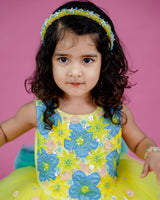 Hand Crafted Kids Lemon Yellow and Sky Blue Couture Gowns Online | Kids Couture Gowns Online