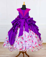 Purple Designer Party Gown With Floral Printed Bottom