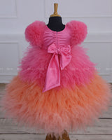 Flamingo Pink And Light Peach Feather Frilled Gown With Rich Golden Bead Work Gown