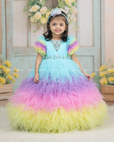 Multi shade Feather Frilled Gown With Rich Golden Bead Work Gown