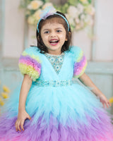 Multi shade Feather Frilled Gown With Rich Golden Bead Work Gown