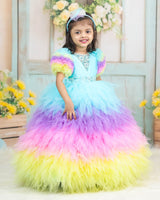 Multi shade Feather Frilled Gown With Rich Golden Bead Work Gown