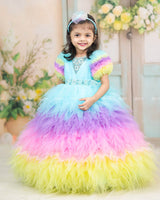 Multi shade Feather Frilled Gown With Rich Golden Bead Work Gown