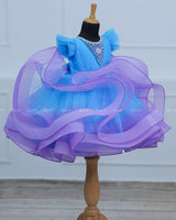 Sky Blue and Lavender Twirled Gown with Rich White Bead Work.