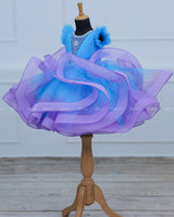 Sky Blue and Lavender Twirled Gown with Rich White Bead Work.