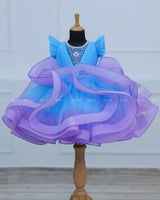 Sky Blue and Lavender Twirled Gown with Rich White Bead Work.