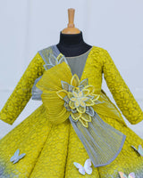 Green & Grey Double Shaded Panel Gown with Fabric Manipulated Twirled Detachable Belt.