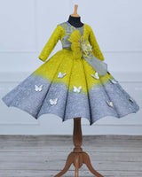 Green & Grey Double Shaded Panel Gown with Fabric Manipulated Twirled Detachable Belt.