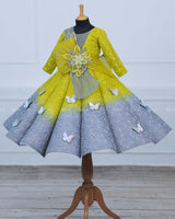 Green & Grey Double Shaded Panel Gown with Fabric Manipulated Twirled Detachable Belt.