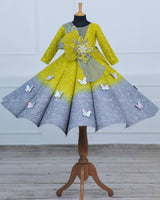 Green & Grey Double Shaded Panel Gown with Fabric Manipulated Twirled Detachable Belt.