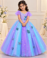 Net and Satin Strap Sleeve Hand-Crafted Sea Mermaid Theme Full-Length Gown for Girl in Lavender and Sea Green