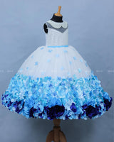 Blue color gradient rosette ball gown with pearl embellished yoke