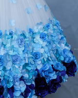 Blue color gradient rosette ball gown with pearl embellished yoke