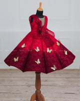 Red & wine Red Double Shaded Panel Gown with Fabric Manipulated Twirled Detachable Belt.