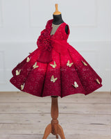 Red & wine Red Double Shaded Panel Gown with Fabric Manipulated Twirled Detachable Belt.