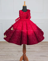 Red & wine Red Double Shaded Panel Gown with Fabric Manipulated Twirled Detachable Belt.