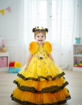 Yellow Color Gradient Netted Ball Frill Sleeve Full gown with handcrafted honeybee theme bead embellishments and a black ruffled border